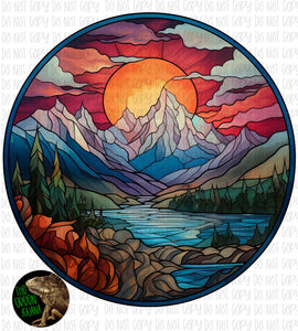 Stained glass mountain scenery with sunset - DIGITAL