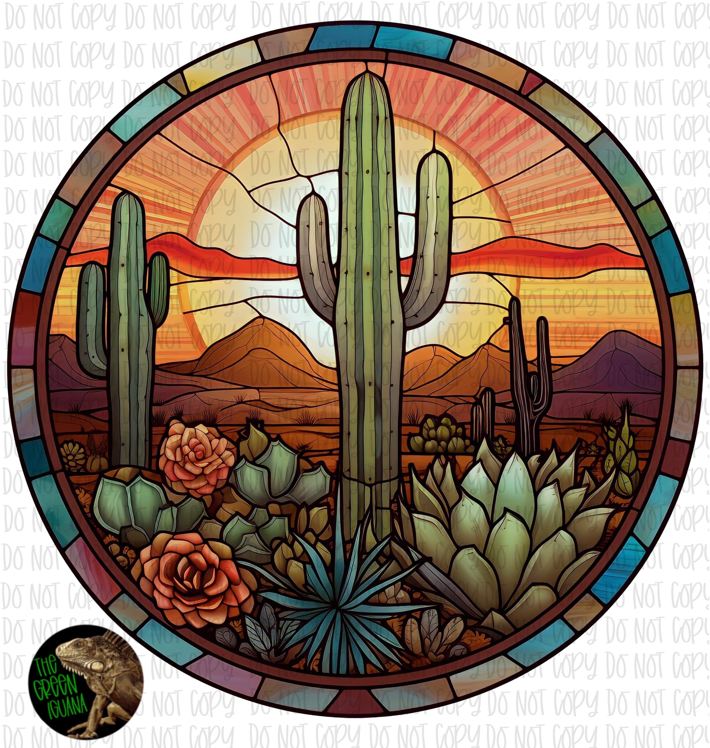 Dark stained glass cactus with succulents - DIGITAL