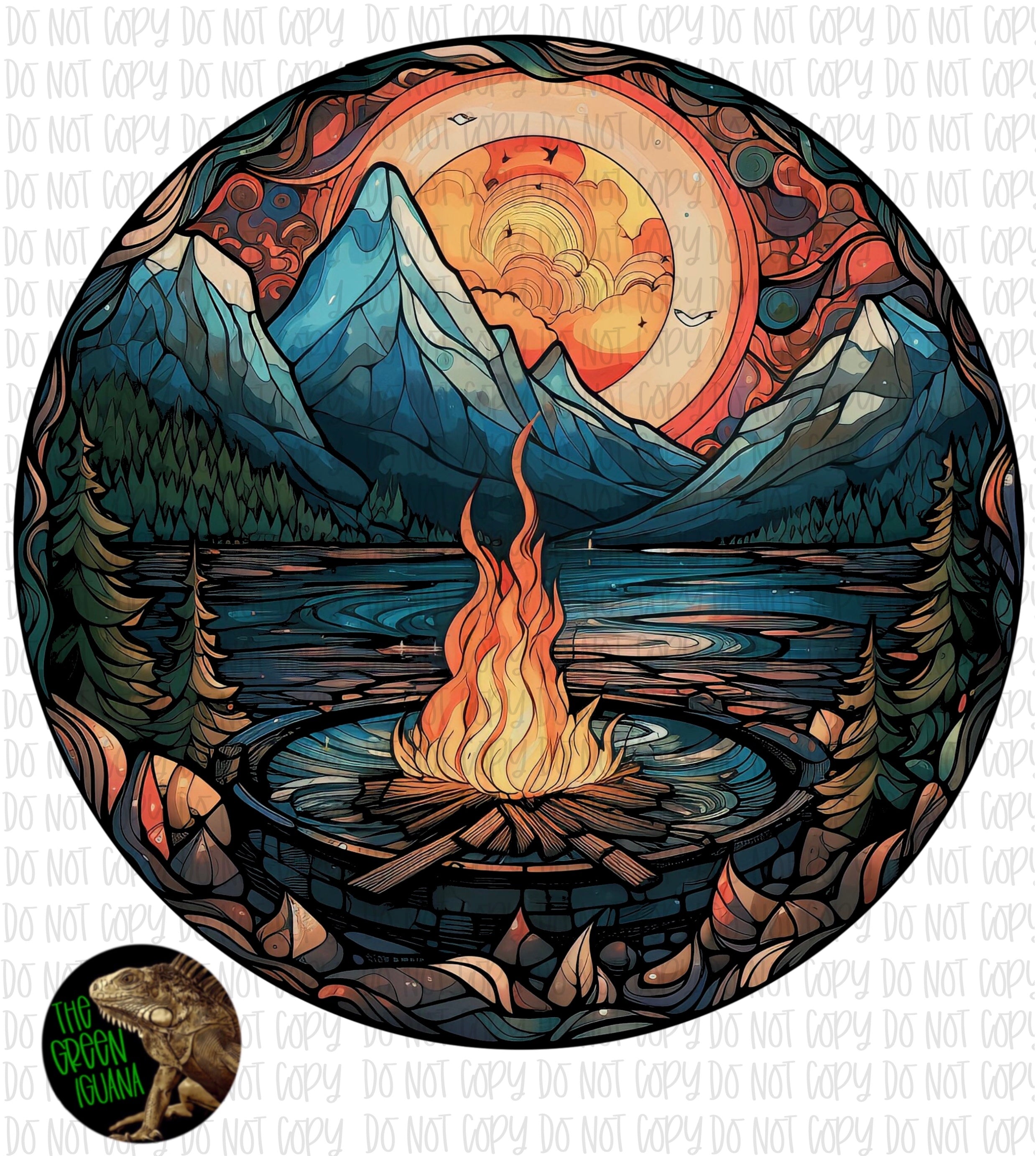 Stained glass campfire with beautiful mountain scenery - DIGITAL