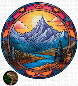 Stained glass mountain scenery with river - DIGITAL