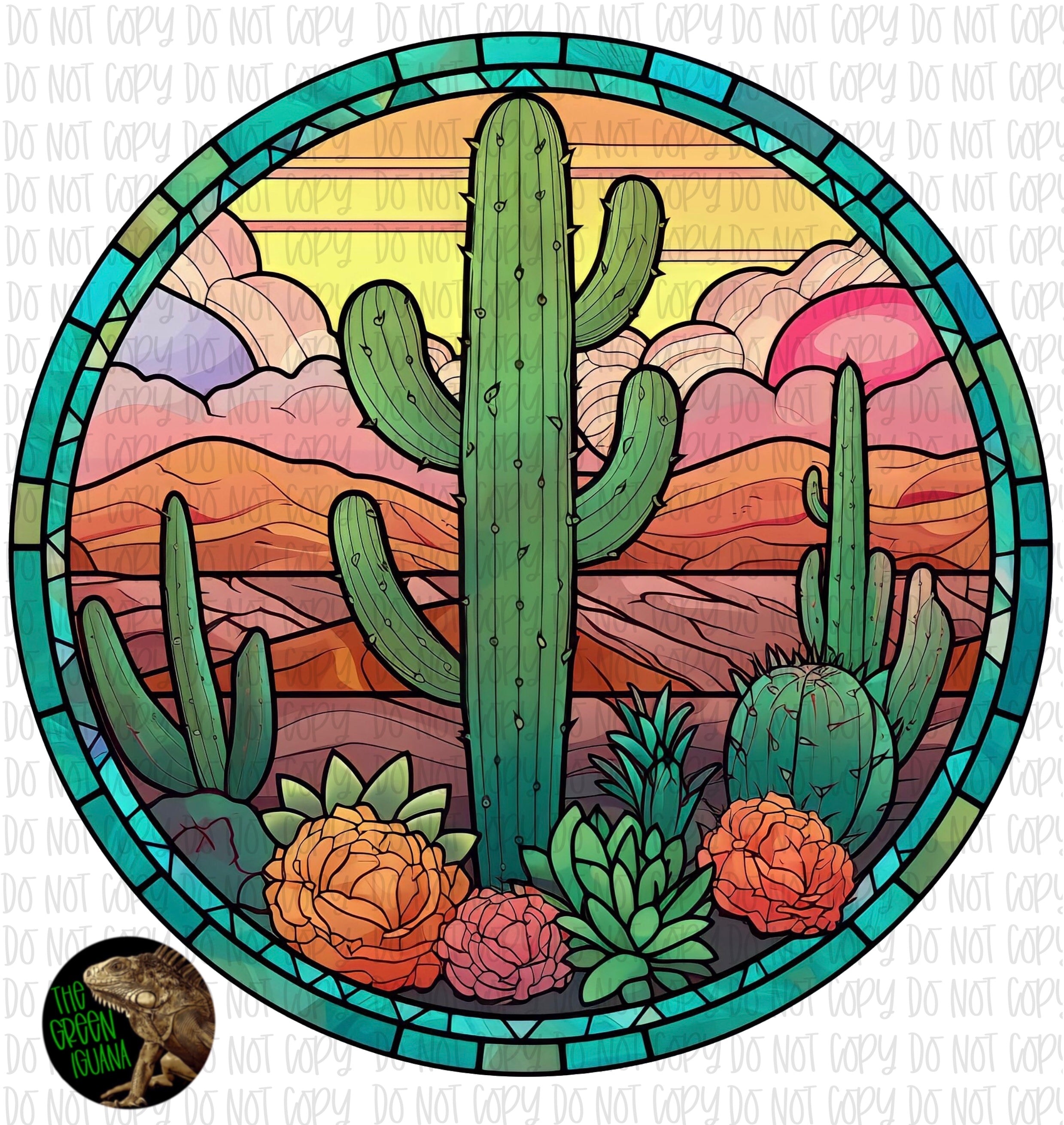 Vibrant stained glass cactus with succulents - DIGITAL