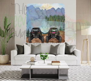 Side by side friends/couple (black & pink) with mountain scenery DIGITAL