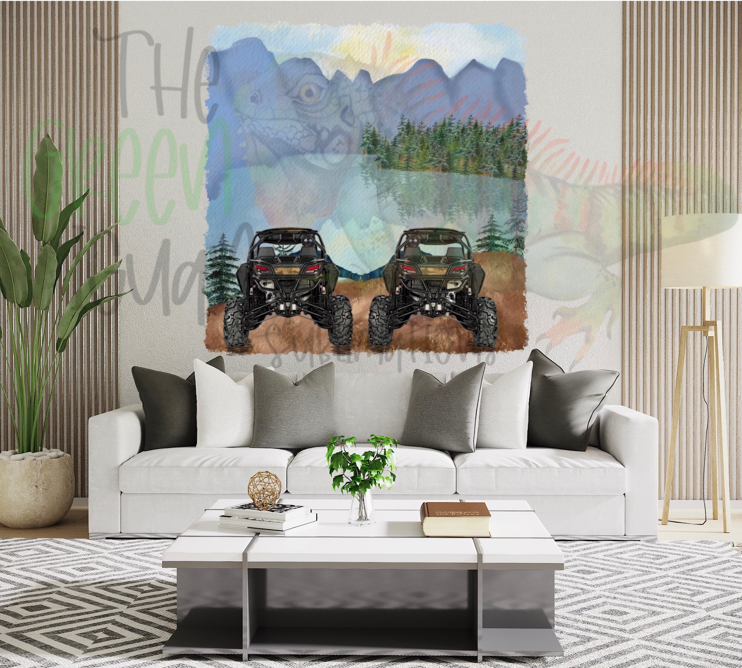 Side by side friends/couple (camo) with mountain scenery