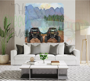 Side by side friends/couple (camo) with mountain scenery DTF transfer