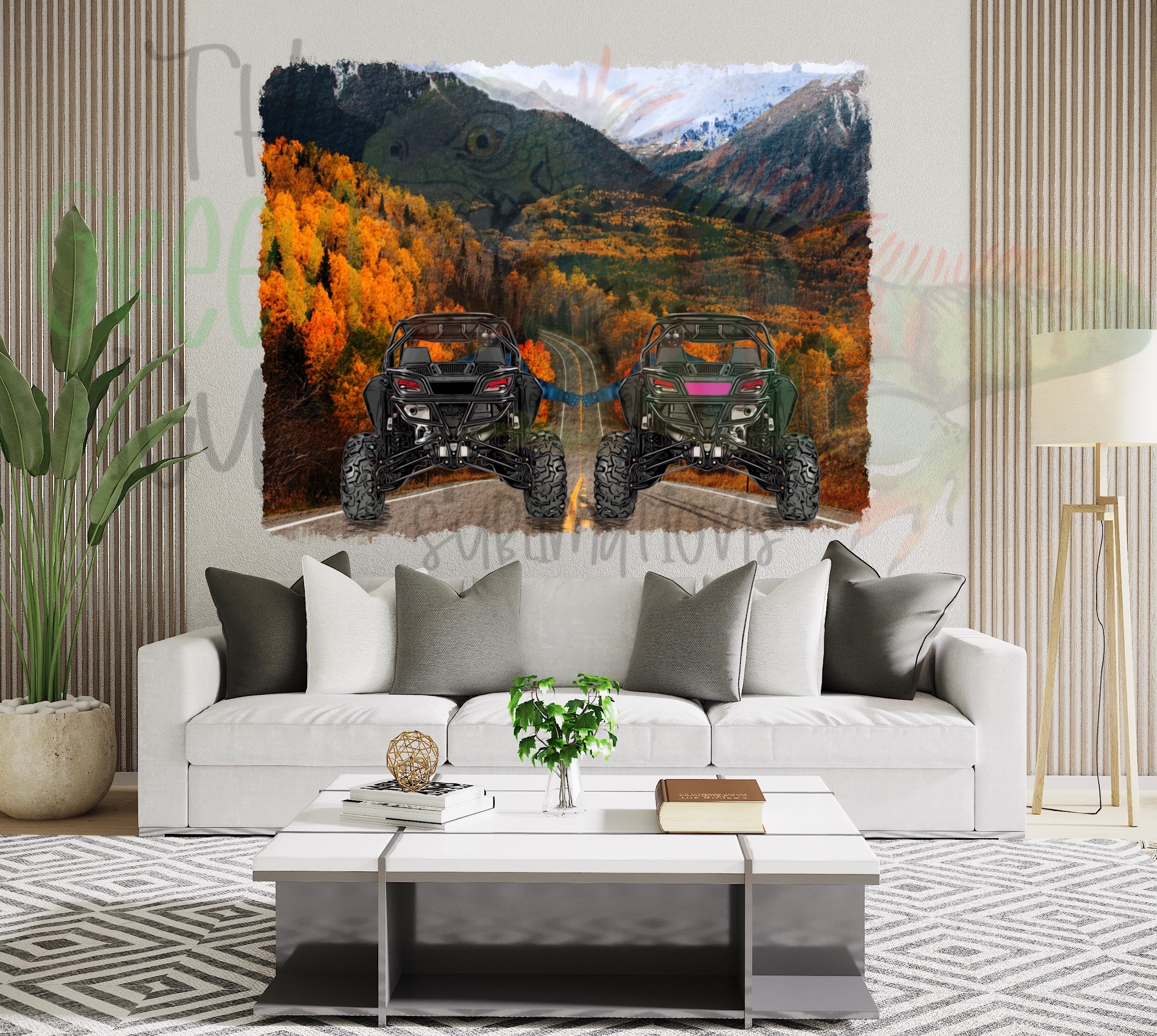 Side by side friends/couple (black & pink) with open road fall scenery DIGITAL