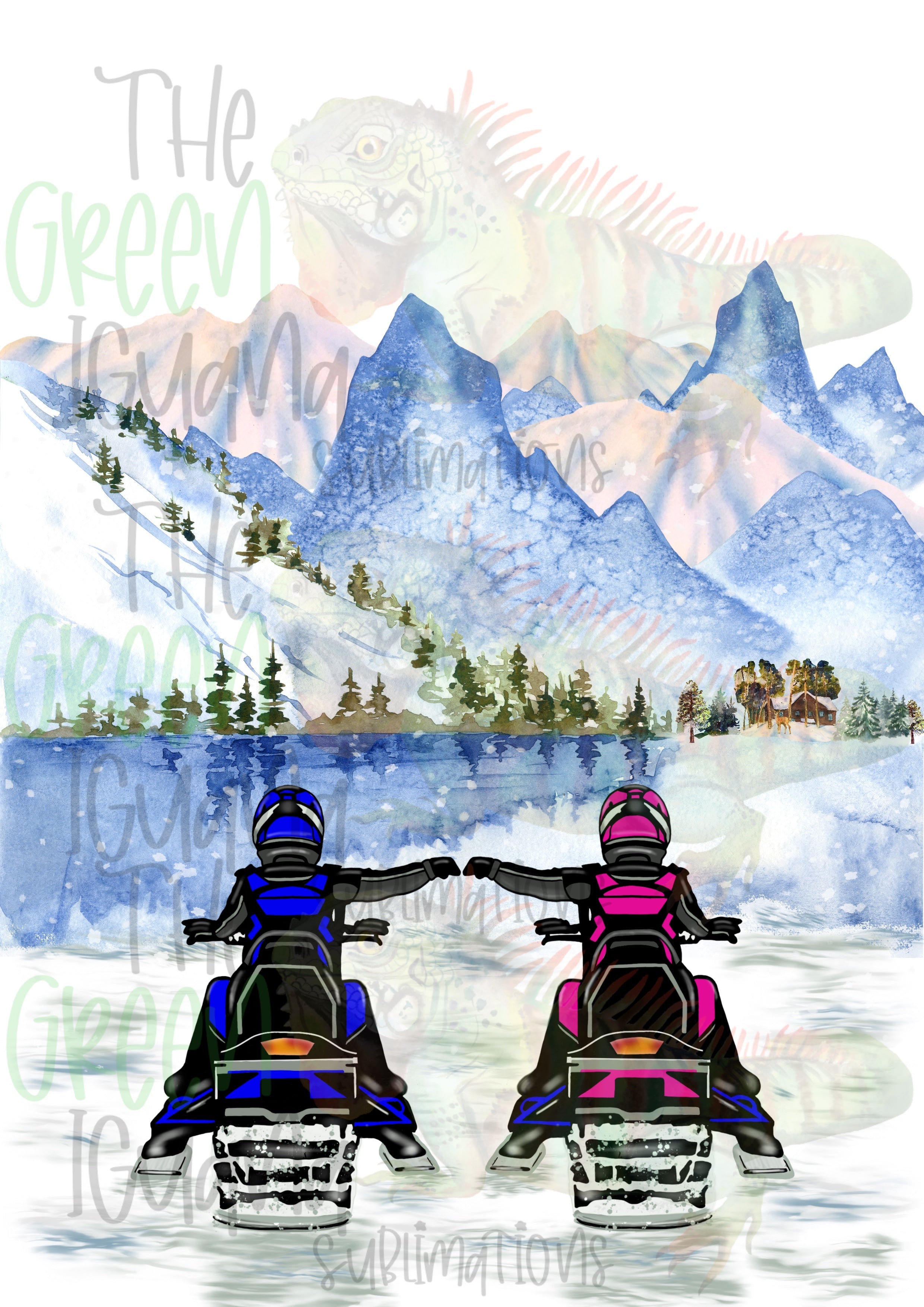Snowmobile couple/friends - blue & pink DTF transfer
