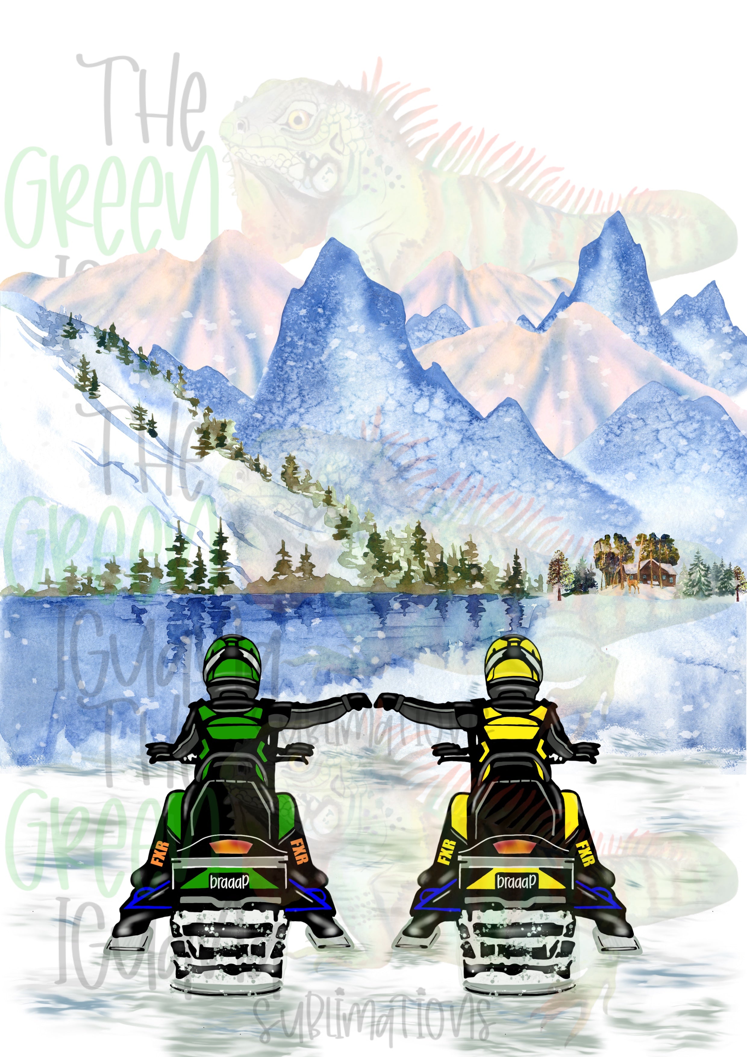 Snowmobile couple/friends - lime green & yellow