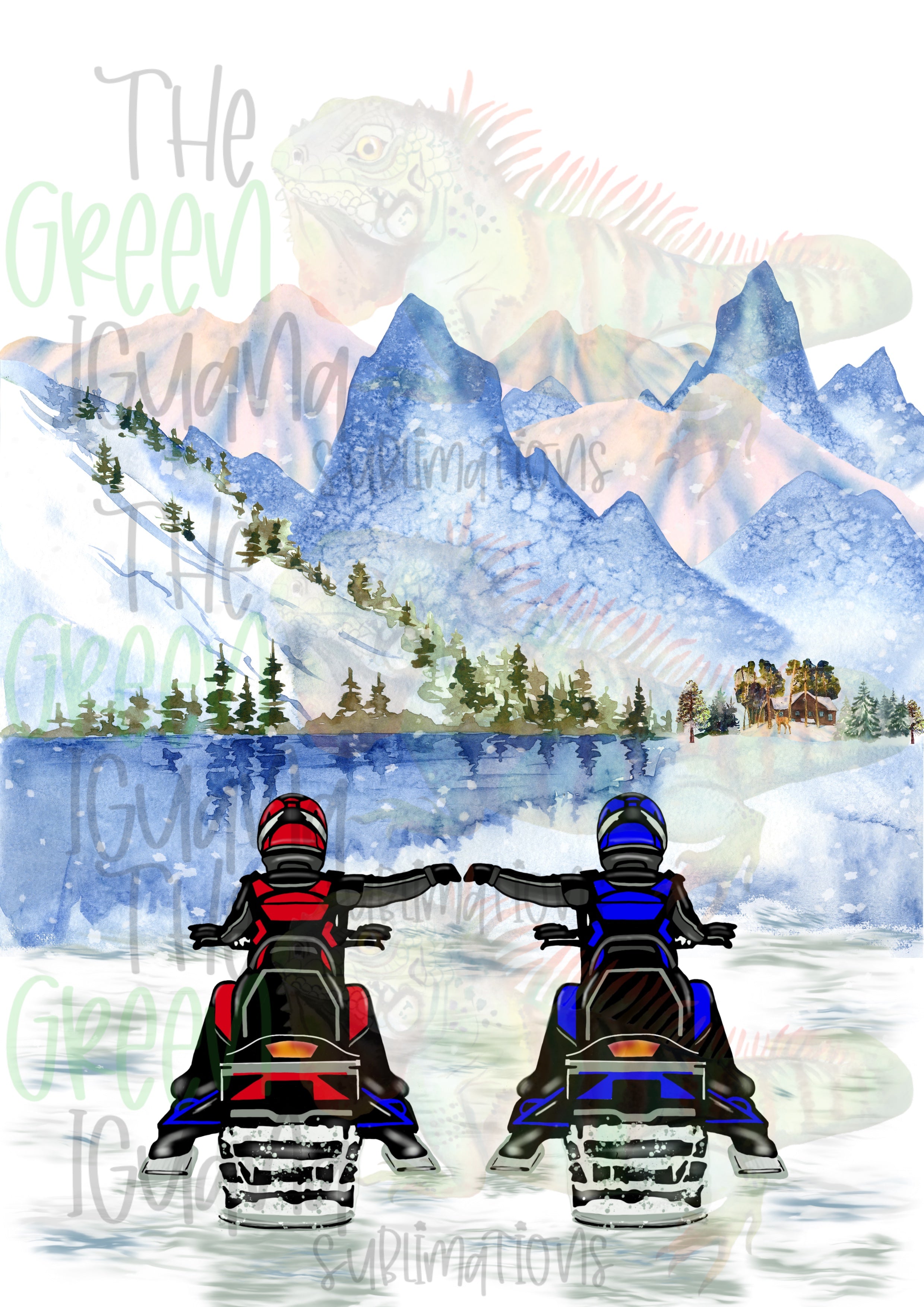 Snowmobile couple/friends - red & blue DIGITAL