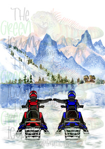 Snowmobile couple/friends - red & blue