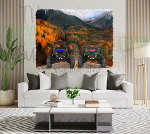 Side by side friends/couple (blue & pink) with open road fall scenery DTF transfer