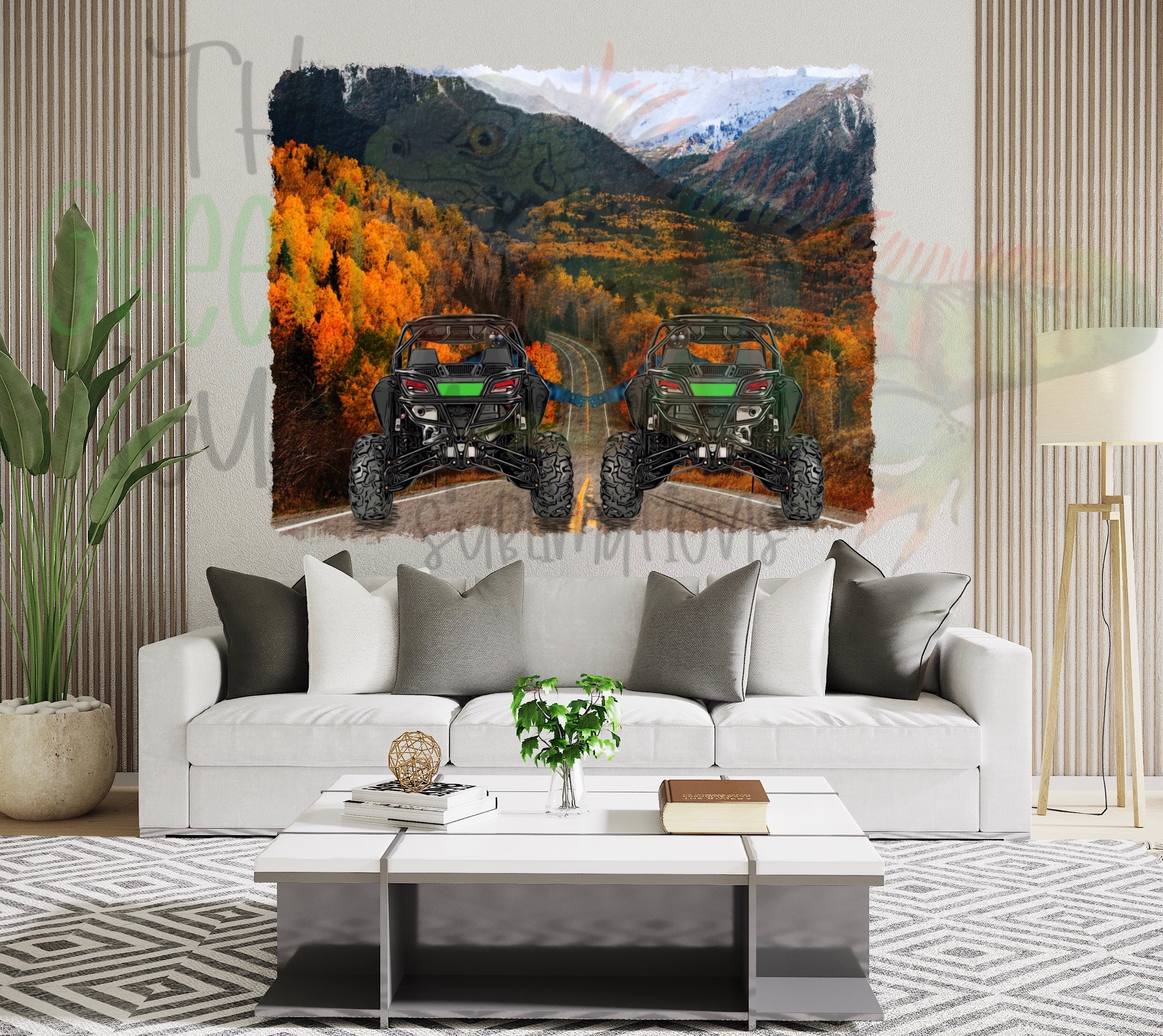 Side by side friends/couple (green) with open road fall scenery DTF transfer