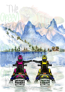 Snowmobile couple/friends - pink & yellow DIGITAL
