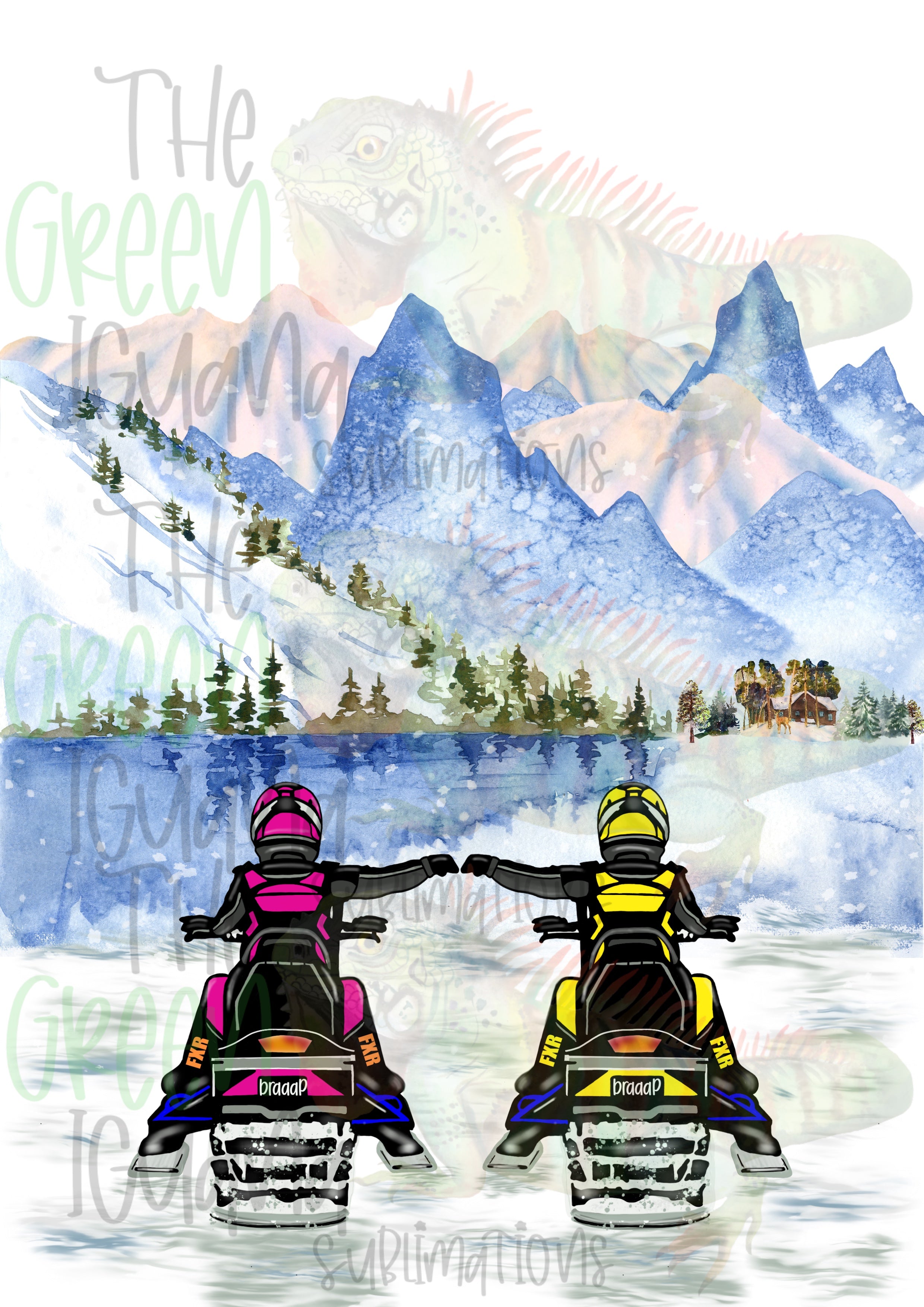 Snowmobile couple/friends - pink & yellow