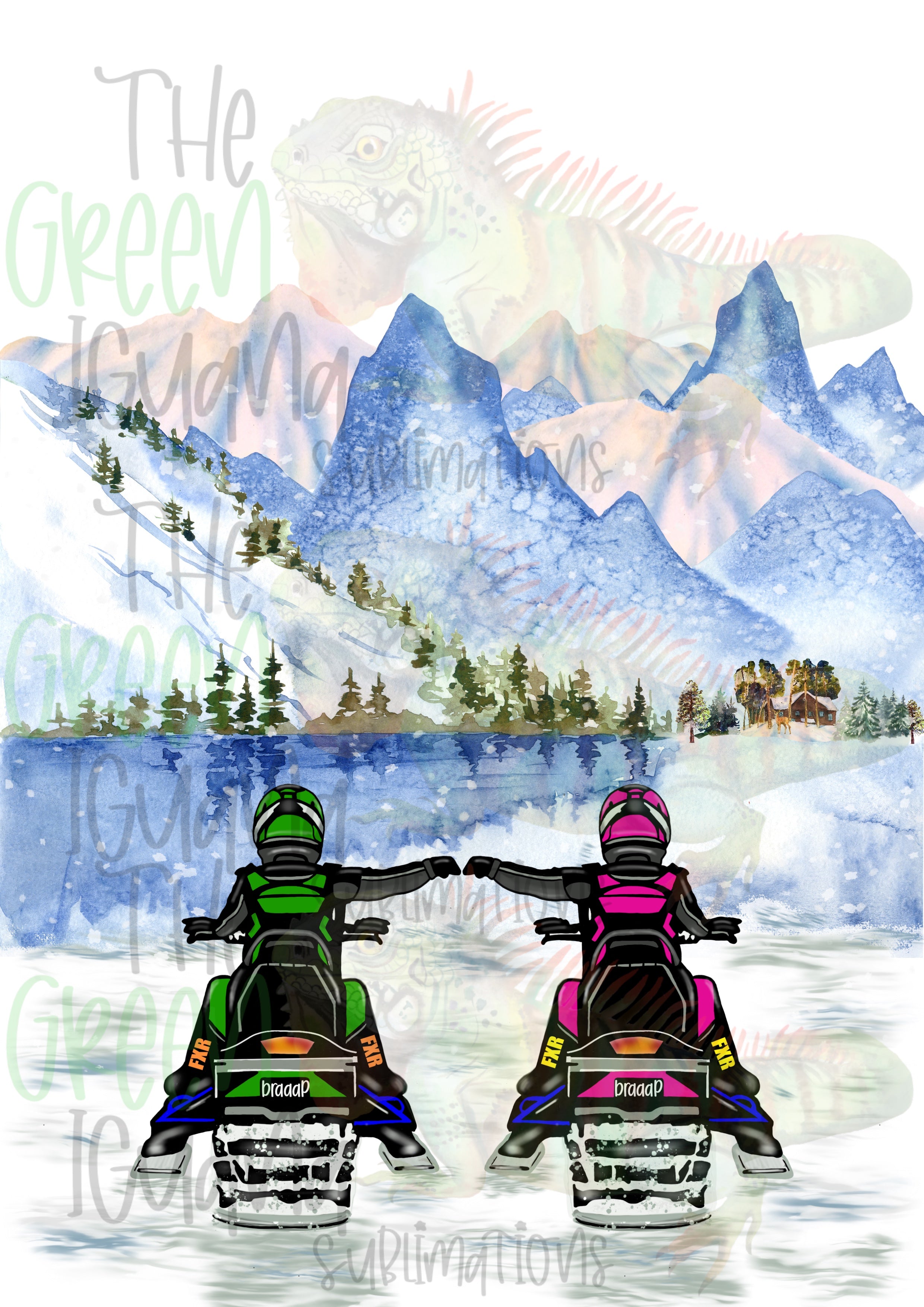 Snowmobile couple/friends - lime green & pink