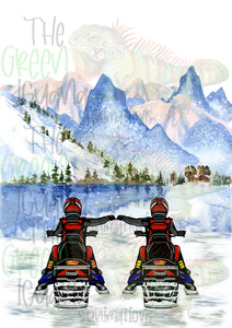 Snowmobile couple/friends - red & red