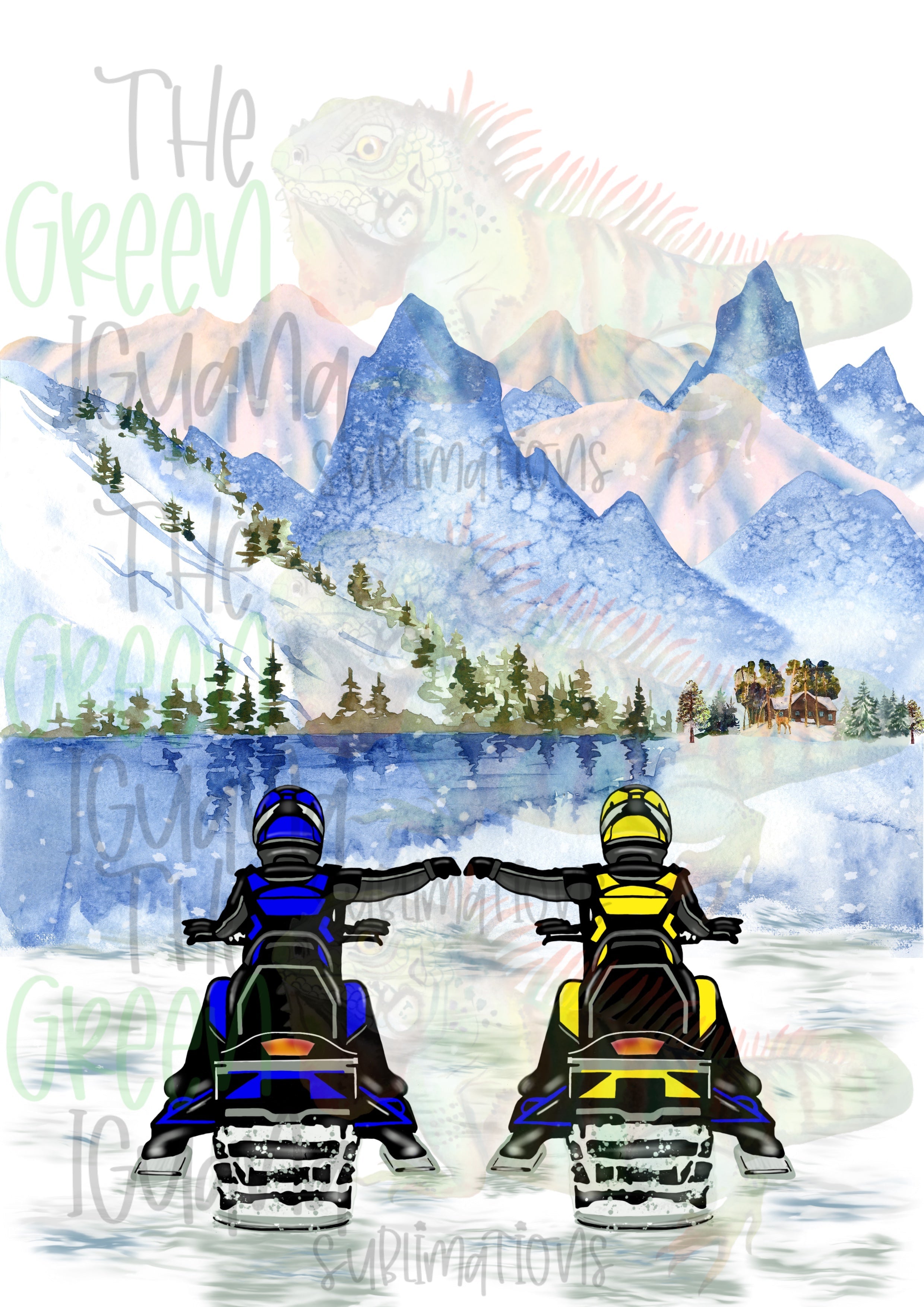 Snowmobile couple/friends - blue & yellow DTF transfer