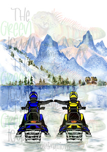 Snowmobile couple/friends - blue & yellow