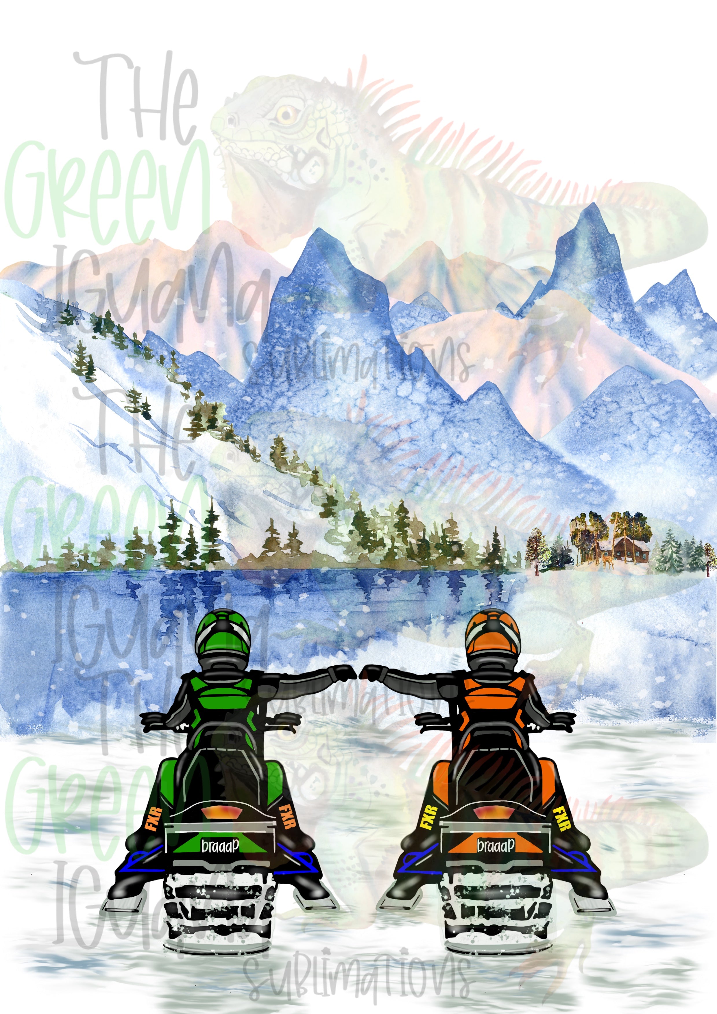 Snowmobile couple/friends - lime green & orange DIGITAL