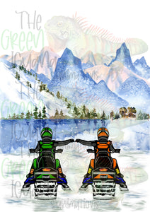 Snowmobile couple/friends - lime green & orange DIGITAL