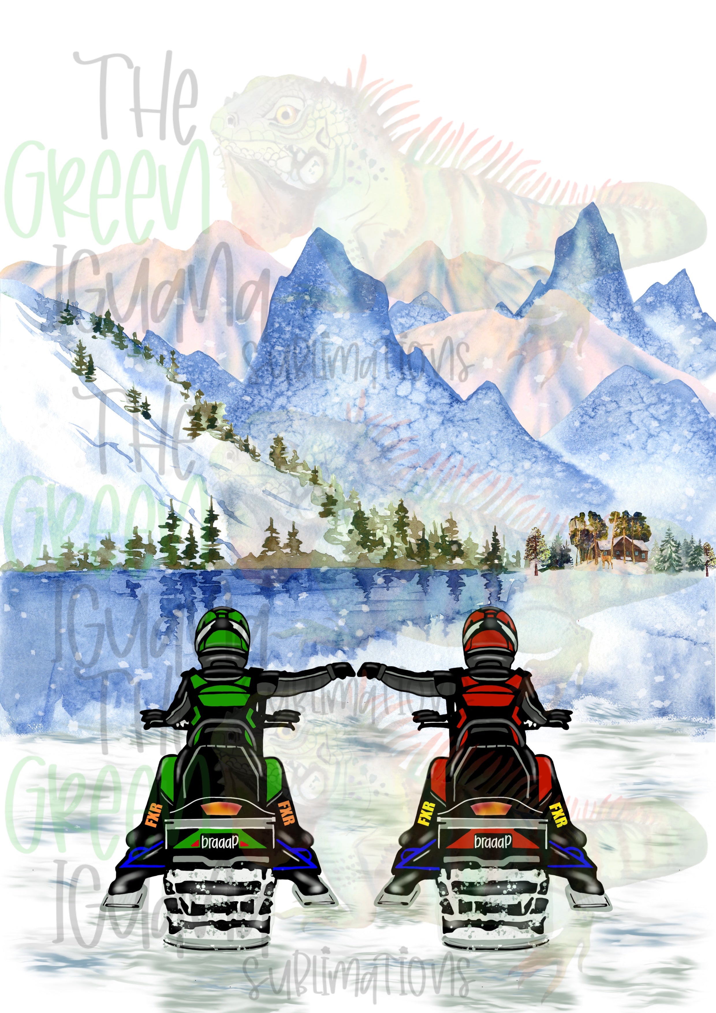 Snowmobile couple/friends - lime green & red