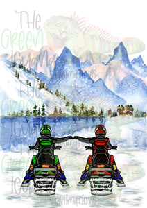 Snowmobile couple/friends - lime green & red DTF transfer