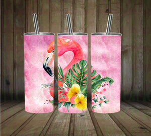 Flamingo with flowers tumbler wrap - 20oz skinny - DIGITAL