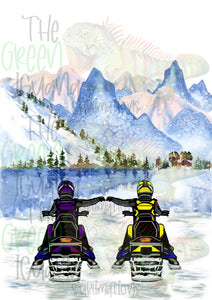 Snowmobile couple/friends - purple & yellow