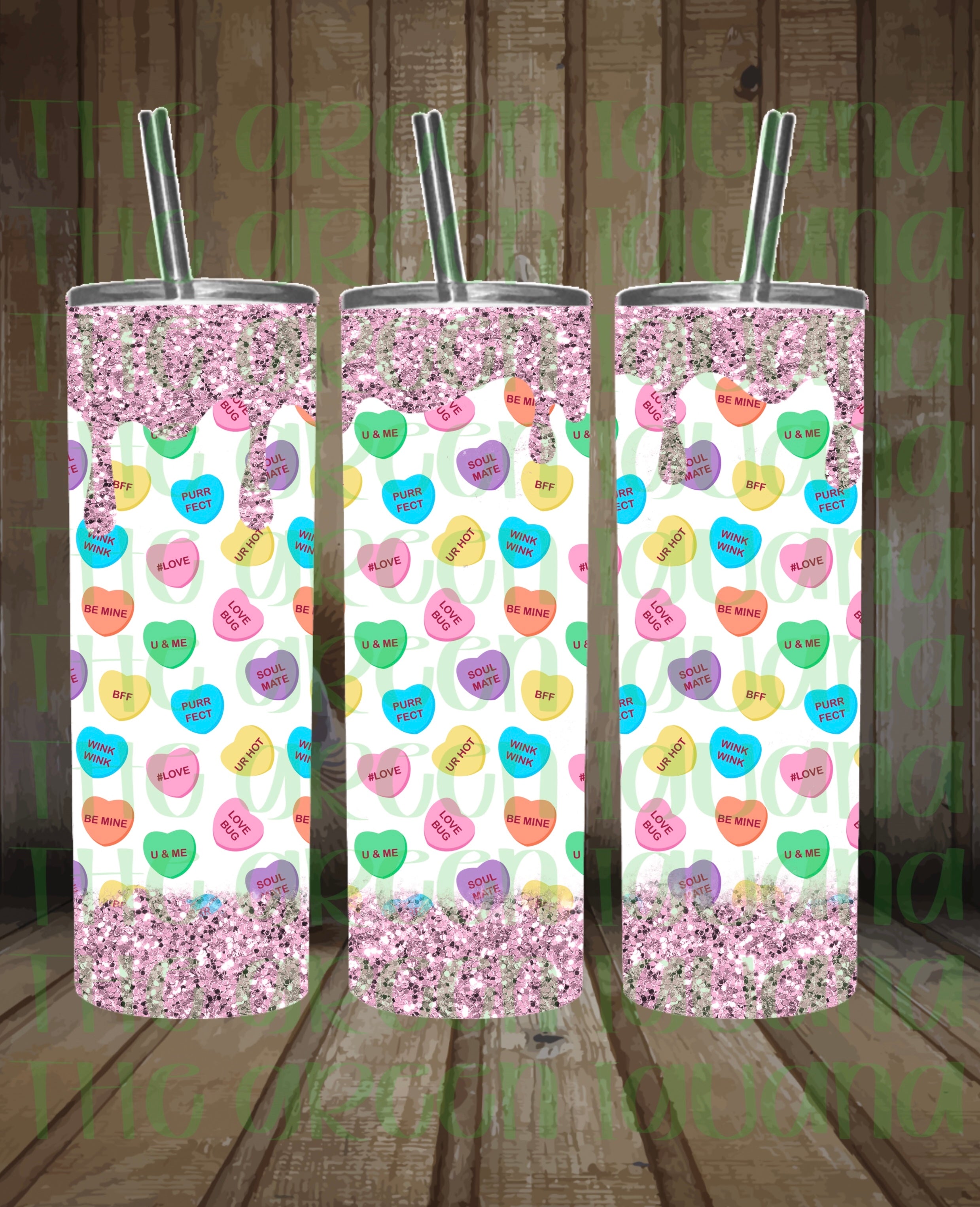 Candy hearts with pink glitter drip tumbler wrap - 20oz skinny DIGITAL