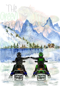 Snowmobile couple/friends - black & lime green