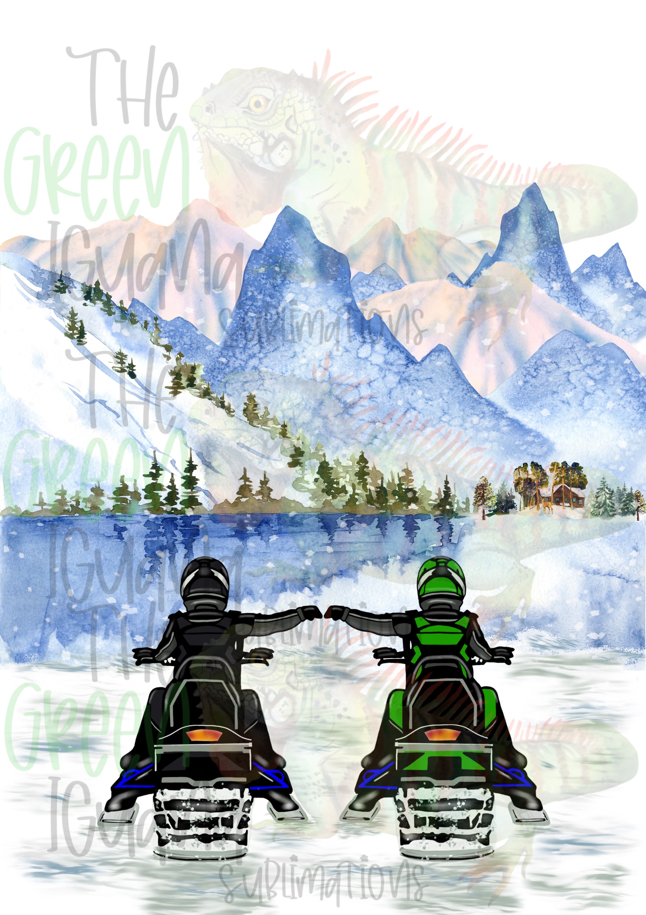 Snowmobile couple/friends - black & lime green DTF transfer