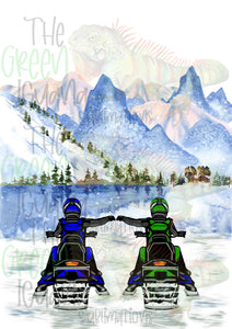 Snowmobile couple/friends - blue & lime green