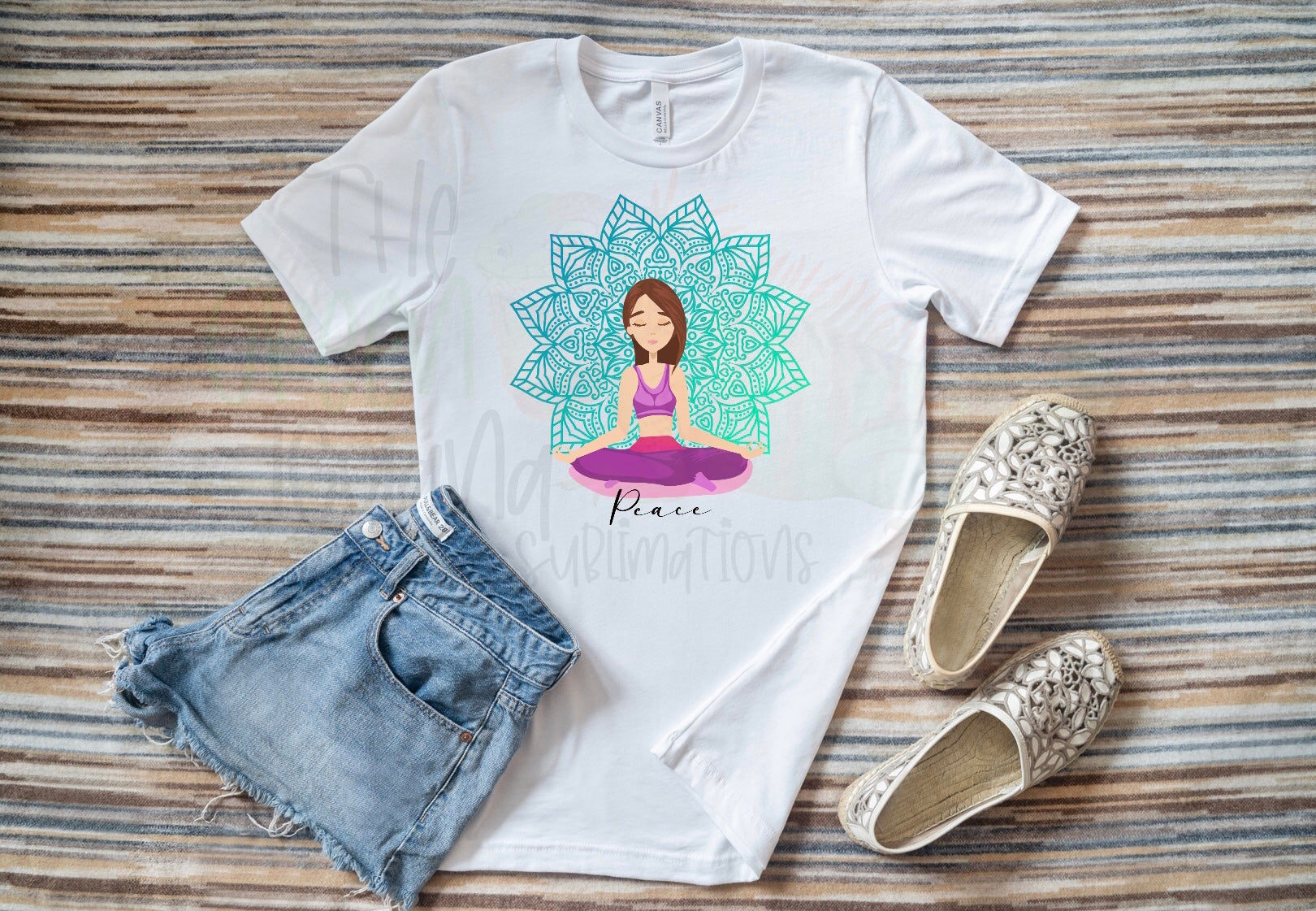 “Peace” - brown haired girl meditating with mandala DTF transfer