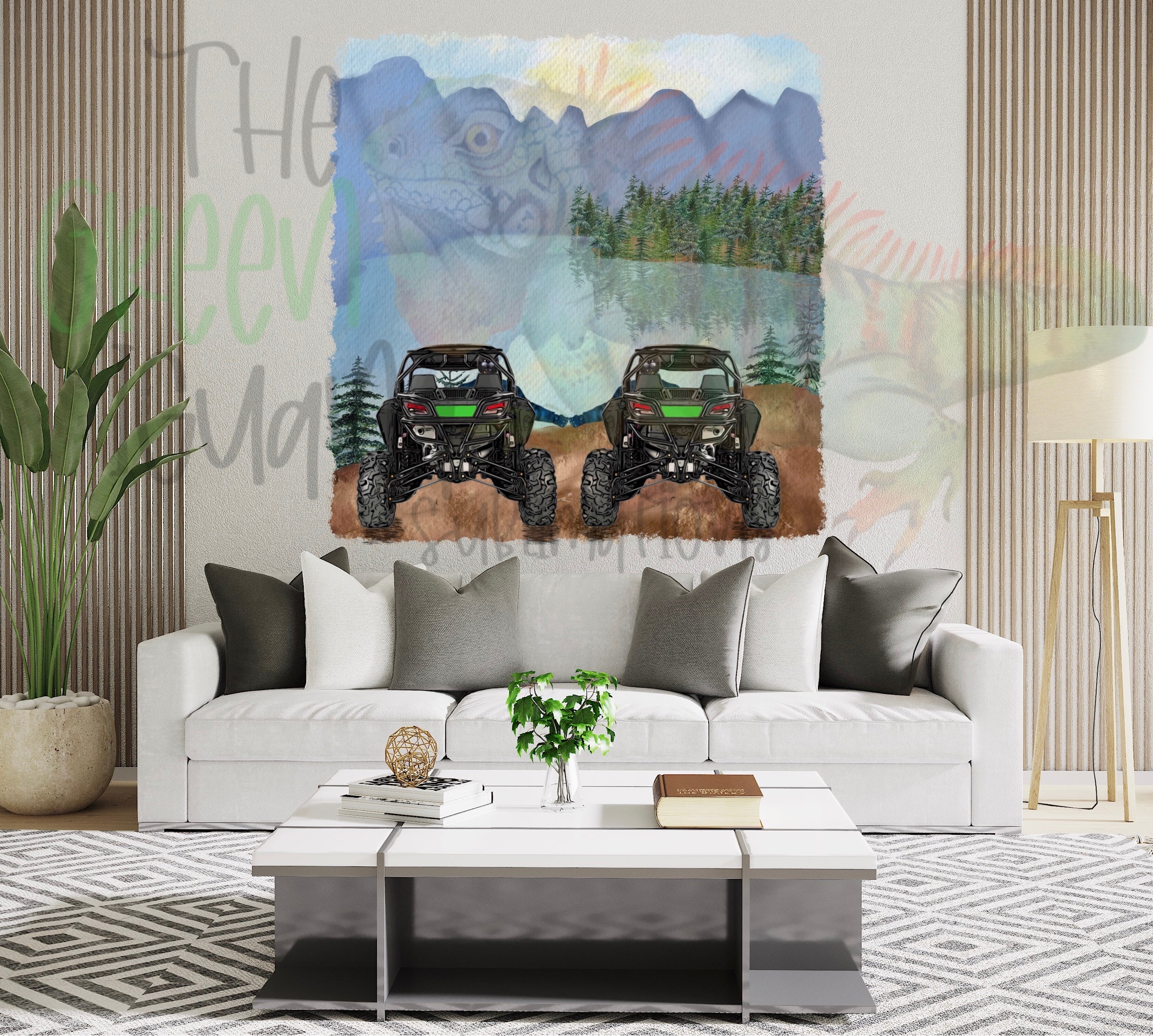 Side by side friends/couple (green) with mountain scenery DIGITAL