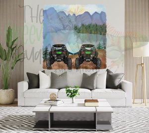Side by side friends/couple (green) with mountain scenery DTF transfer