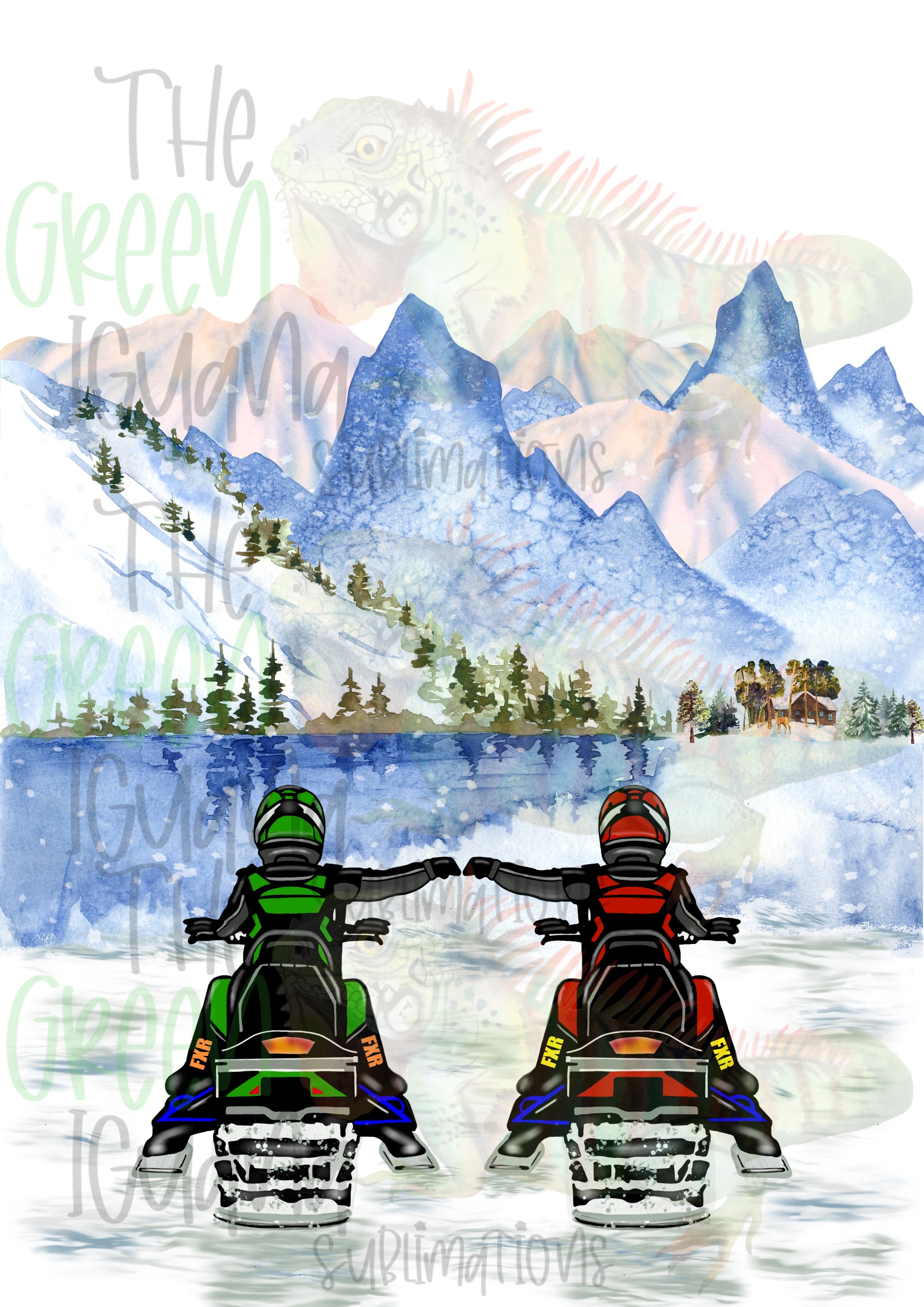 Snowmobile couple/friends - lime green & red (no braaap on license plate) DIGITAL