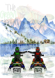 Snowmobile couple/friends - lime green & red (no braaap on license plate)