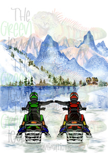 Snowmobile couple/friends - lime green & red (no braaap on license plate) DTF transfer