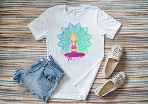 “Peace” - blonde girl meditating with mandala DTF transfer